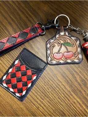 Hand-Tooled Cherry Leather Keychain and Card Sleeve Set - Red & Black